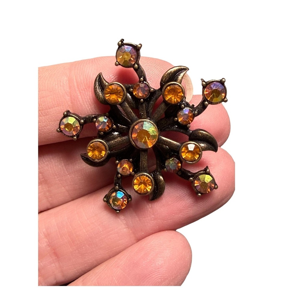 Vintage Amber Aurora Rhinestone Bronze Flower Starburst Brooch Pin Jewelry‎